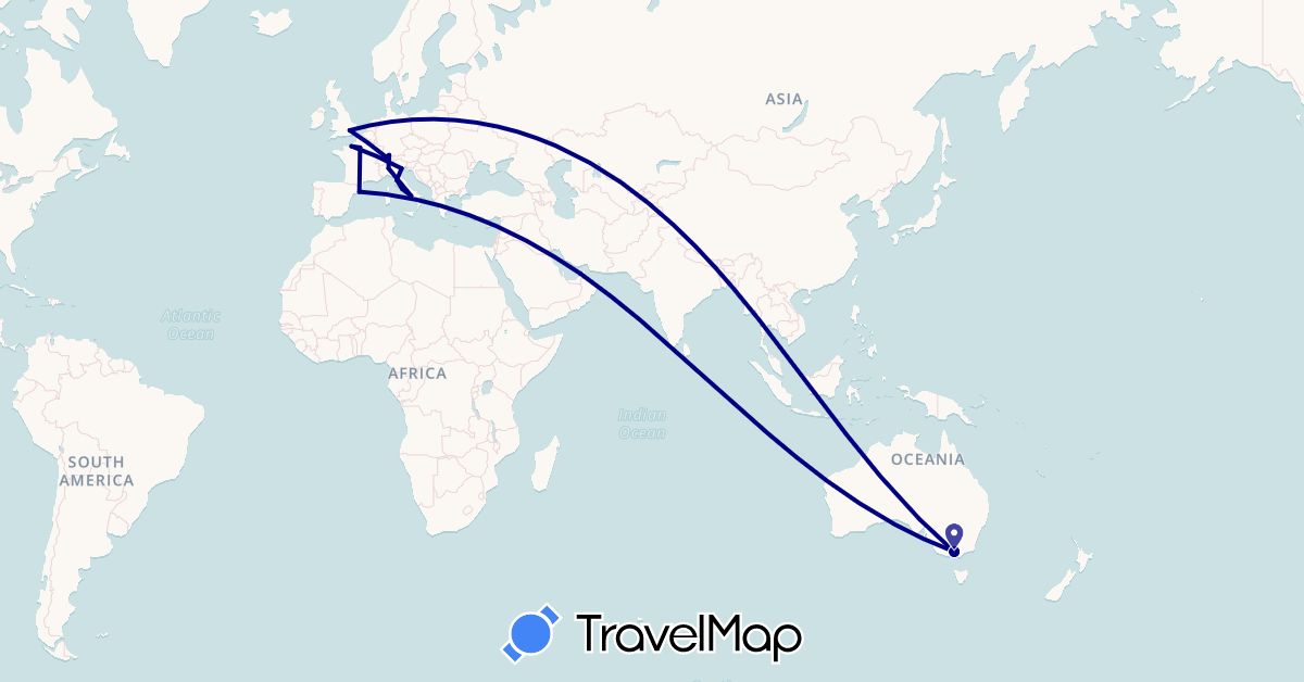 TravelMap itinerary: driving in United Arab Emirates, Australia, Switzerland, Germany, Spain, France, United Kingdom, Italy (Asia, Europe, Oceania)
